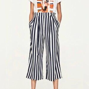 Zara Navy & White Striped Cropped Wide-Leg Pants